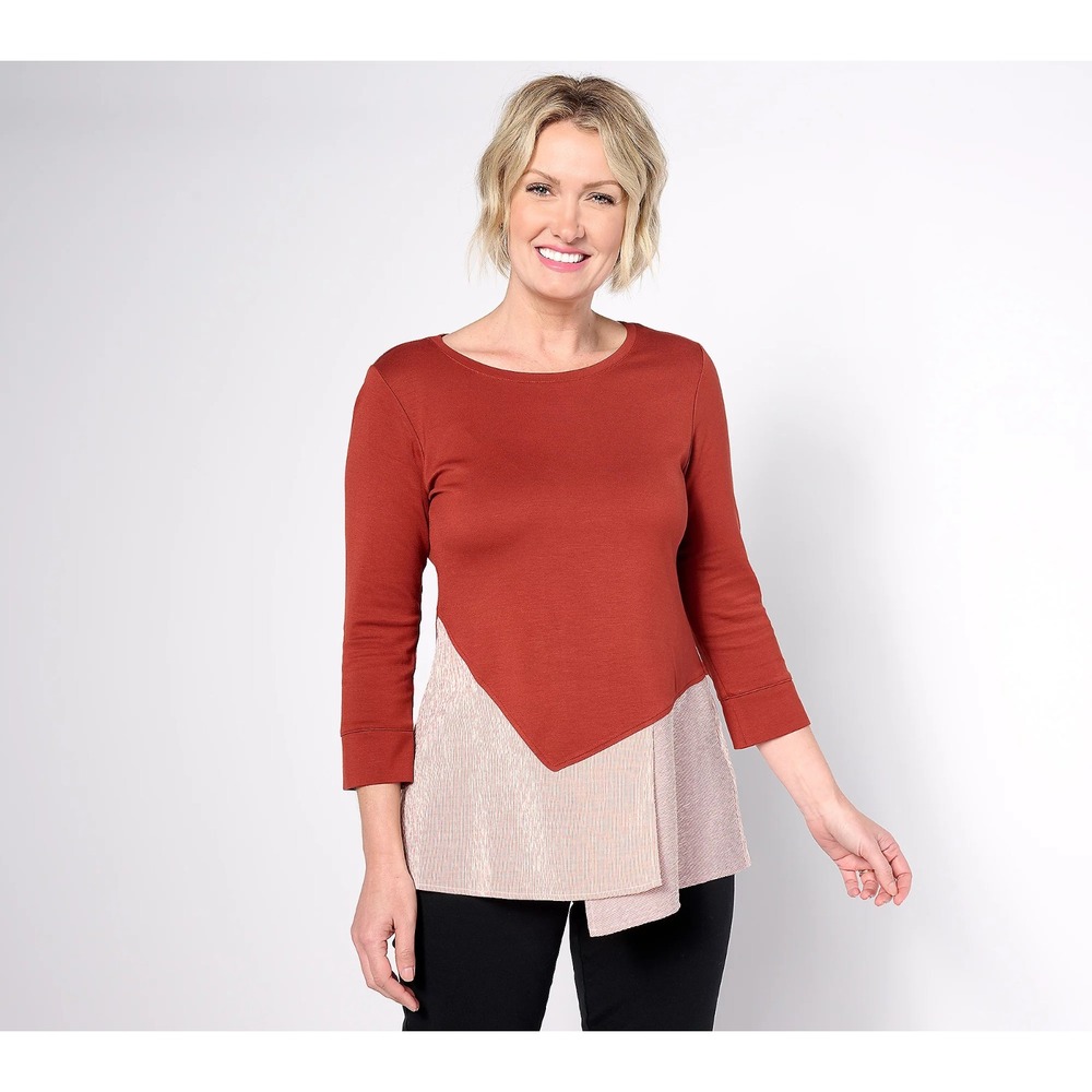 Attitudes by Renee Knit Top w/Crushed Stripe Peplum - Women's XS - Redwood
